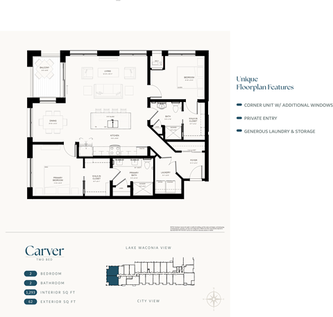 Floor plan for 2 beds, 2 baths, 1293 sqft